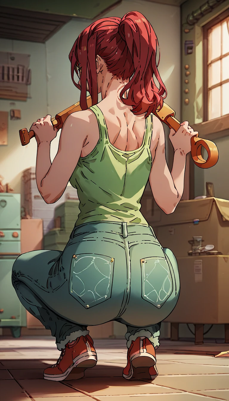 lisa ,((standing up)),(full body in view) , 1 girl, solo, red hair, ponytail, long hair, large medium chest, indoors, orange eyes,(jeans, green top), ((rear view)), ((Squatting , holding tools)), (bare shoulders)