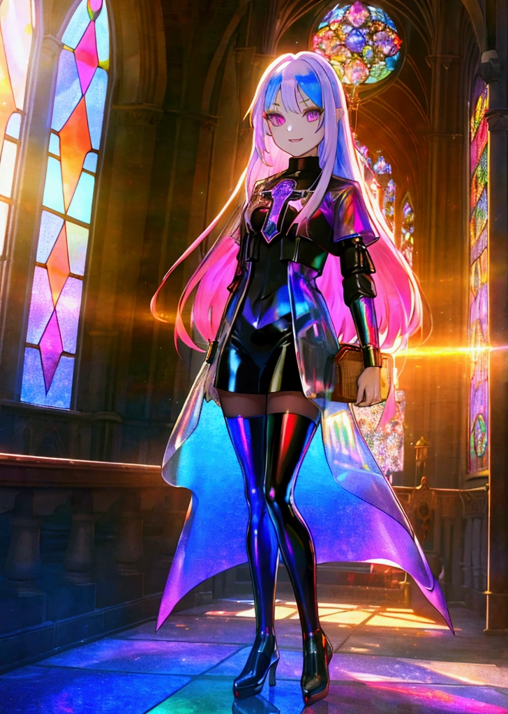 The background is a sunset sunset 、 medieval cityscape with basket、Inside the kaleidoscope、 stained glass background 、Legendary Scenery 、 mythical scenery unfolds、The cathedral shines brightly、red and green contrast 、Path of Light、((  Holographic  )), （I can see the fangs、Double teeth、 wore black tights 、Saint&#39;s Clothes、Monastic Clothes ( transparent PVC clothing , transparent colored vinyl clothing , : 1.2。prism, Holographic , Color Difference, fashion illustration), （Mean face、 red eyeliner that makes a striking impression、  cold eyes 、  has long eyelashes） Purple Eyes,  long hair,  Holographic ブロンドヘア, Refined and elegant ,  3d rendering,, Looking at the Audience , pixib,movie lighting,  very detailed,  clear focus