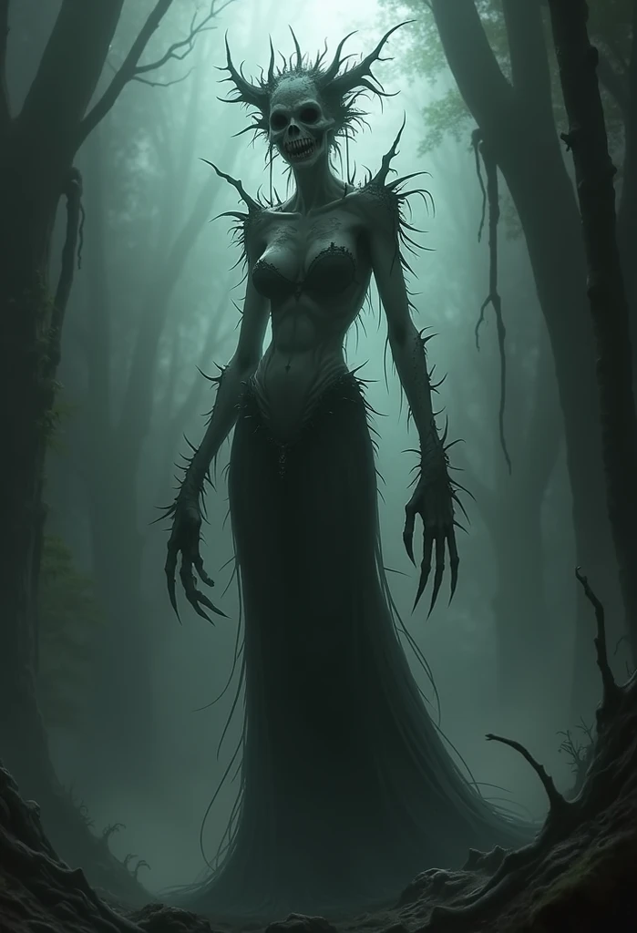 A girl with long white hair,She will wear an outfit reminiscent of a swamp monster,she's going to wear a swamp monster mask with fangs, scales on the skin,I want creatures inside the swamp water,She's going to pose and be sexy