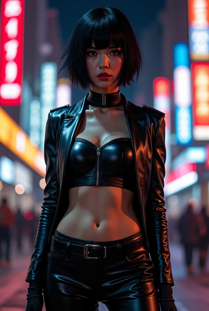 a female wearing a cyberpunk jacket style , cyberpunk theme, futuristic, tempting look, cleavage,(( cyberpunk sleeve jacket)), tattoo on her arms, futuristic t-shirt, choker, gloves, sport bra, leather pants, (((masterpiece))), ((best quality)), ((intricate detailed)), ((Hyperrealistic)), a woman with perfect body figure wearing cyberpunk cloth, pale skin, (huge breast), highly detailed, illustration, perfect hands, detailed fingers, beautiful detailed eyes, blue hair, black hair, multiple color hair, short hair, (cyberpunk:1.2), armor, detailed background, cyberpunk city , night, neon lights, lens flare, tempting look, looking at the viewer, from the front,