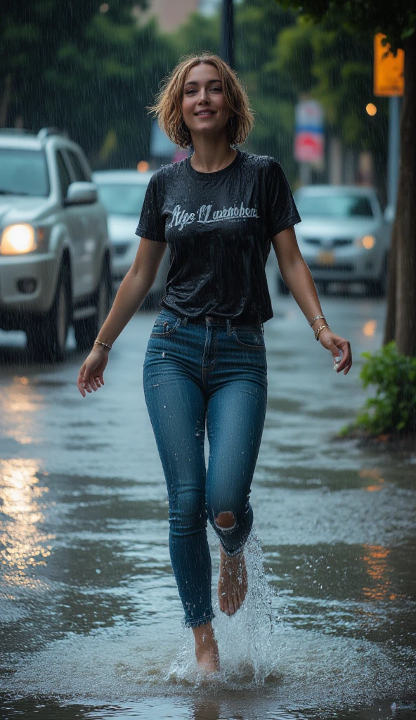 (sfw),  a young woman happily walking and dancing in the rain ,  jumping over small puddles in the street with a dance step, wet short hair, ,  wet jeans , wet t-shirt,   high heel  , ( better quality ,4k,8K,highres, masterpiece :1.2), ultra detailed ,(realistic,photorealistic,photo-realistic:1.37),  beautiful detailed eyes , beautiful and detailed lips , extremely detailed eyes and face , long eyelashes ,lonely woman,colorful, vibrant colors, dynamic motion ,Rainy day,Heavy Rain, Summer Storm , cinematic lighting , wet clothes, midjourneyv6.1