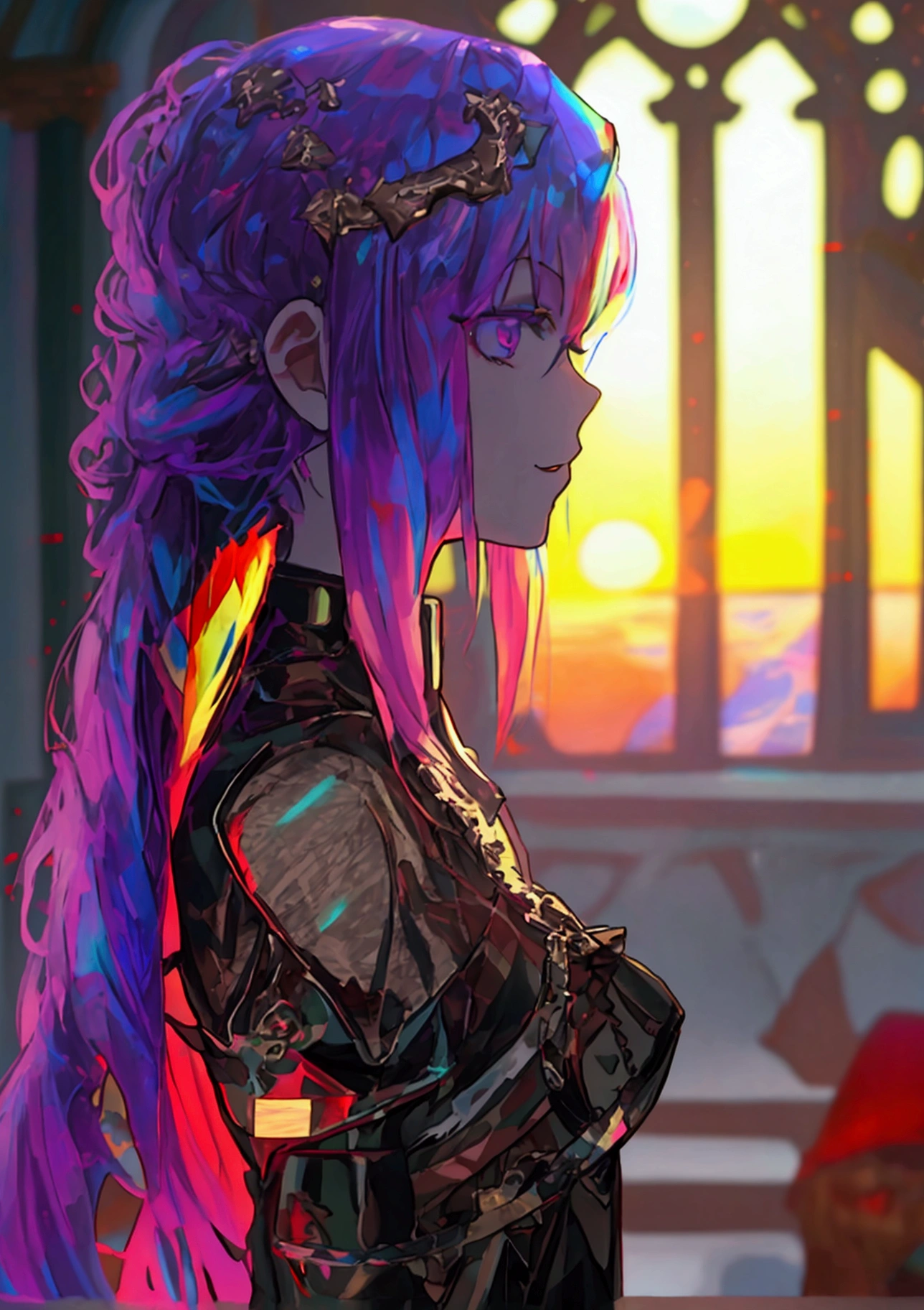 The background is a sunset sunset 、 medieval cityscape with basket、Inside the kaleidoscope、 stained glass background 、Legendary Scenery 、 mythical scenery unfolds、The cathedral shines brightly、red and green contrast 、Path of Light、((  Holographic  )), （I can see the fangs、Double teeth、 wore black tights 、Saint&#39;s Clothes、Monastic Clothes ( transparent PVC clothing , transparent colored vinyl clothing , : 1.2。prism, Holographic , Color Difference, fashion illustration), （Mean face、 red eyeliner that makes a striking impression、  cold eyes 、  has long eyelashes） Purple Eyes,  long hair,  Holographic ブロンドヘア, Refined and elegant ,  3d rendering,, Looking at the Audience , pixib,movie lighting,  very detailed,  clear focus