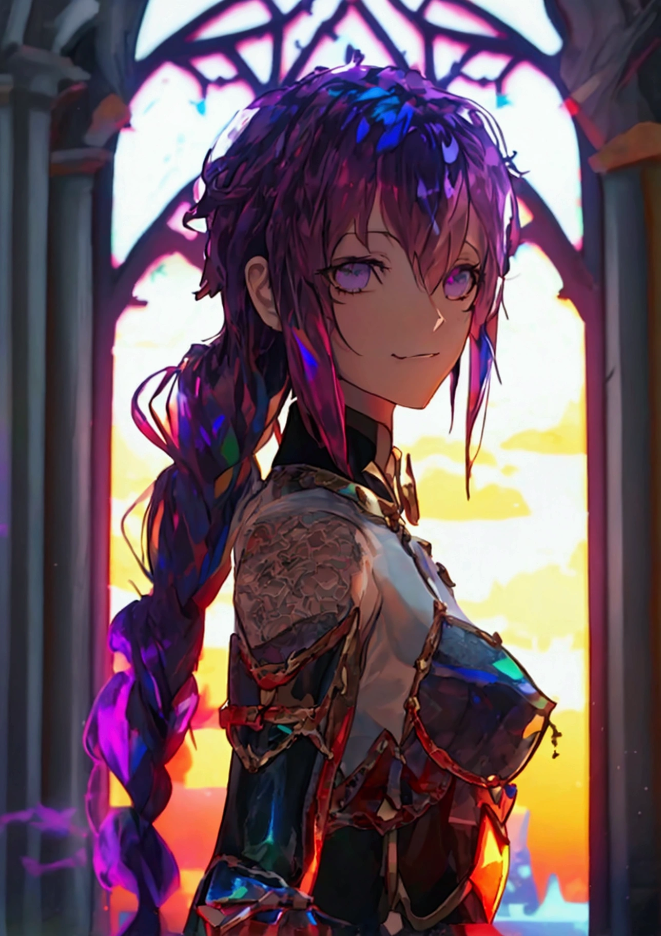 The background is a sunset sunset 、 medieval cityscape with basket、Inside the kaleidoscope、 stained glass background 、Legendary Scenery 、 mythical scenery unfolds、The cathedral shines brightly、red and green contrast 、Path of Light、((  Holographic  )), （I can see the fangs、Double teeth、 wore black tights 、Saint&#39;s Clothes、Monastic Clothes ( transparent PVC clothing , transparent colored vinyl clothing , : 1.2。prism, Holographic , Color Difference, fashion illustration), （Mean face、 red eyeliner that makes a striking impression、  cold eyes 、  has long eyelashes） Purple Eyes,  long hair,  Holographic ブロンドヘア, Refined and elegant ,  3d rendering,, Looking at the Audience , pixib,movie lighting,  very detailed,  clear focus