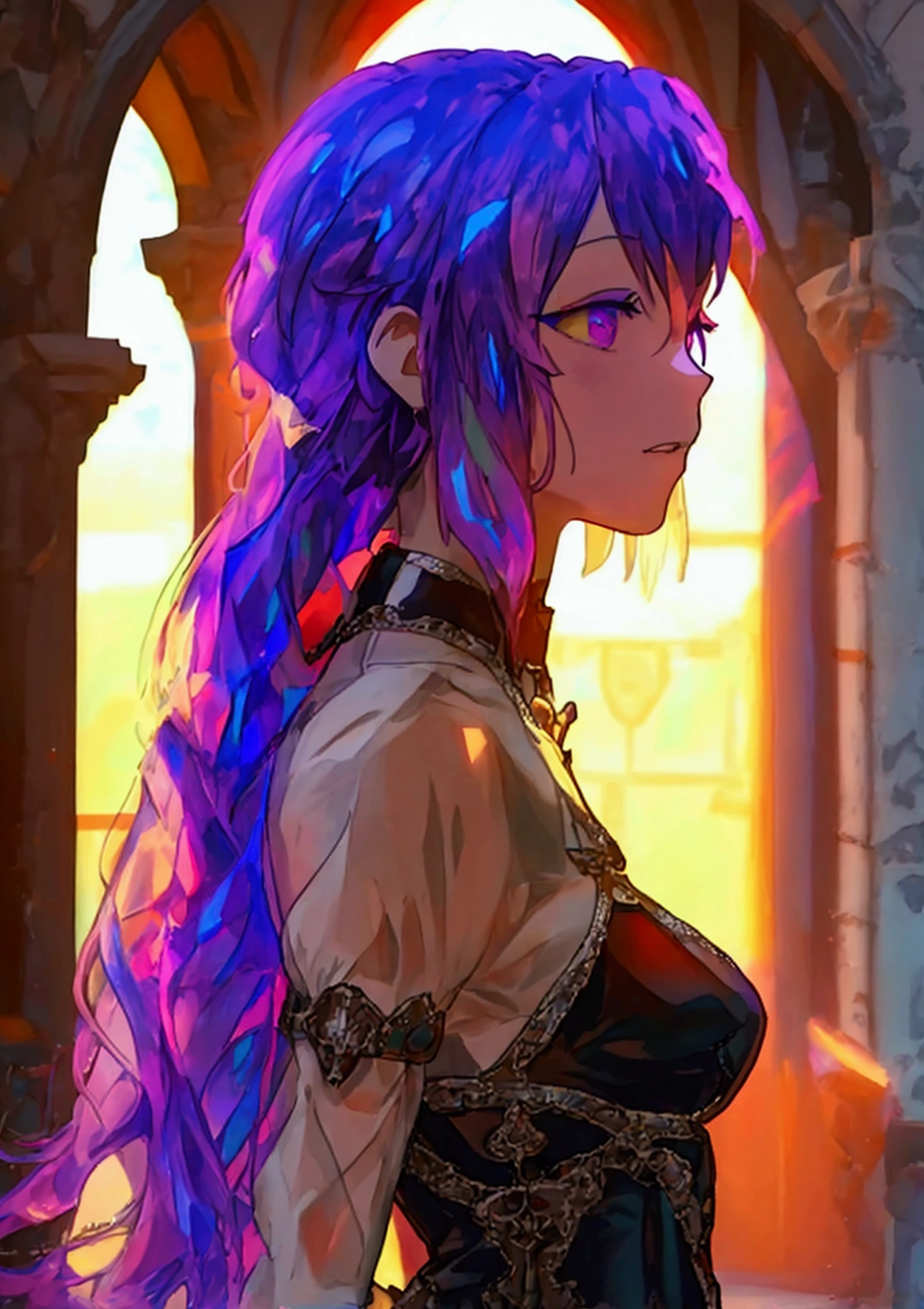 The background is a sunset sunset 、 medieval cityscape with basket、Inside the kaleidoscope、 stained glass background 、Legendary Scenery 、 mythical scenery unfolds、The cathedral shines brightly、red and green contrast 、Path of Light、((  Holographic  )), （I can see the fangs、Double teeth、 wore black tights 、Saint&#39;s Clothes、Monastic Clothes ( transparent PVC clothing , transparent colored vinyl clothing , : 1.2。prism, Holographic , Color Difference, fashion illustration), （Mean face、 red eyeliner that makes a striking impression、  cold eyes 、  has long eyelashes） Purple Eyes,  long hair,  Holographic ブロンドヘア, Refined and elegant ,  3d rendering,, Looking at the Audience , pixib,movie lighting,  very detailed,  clear focus