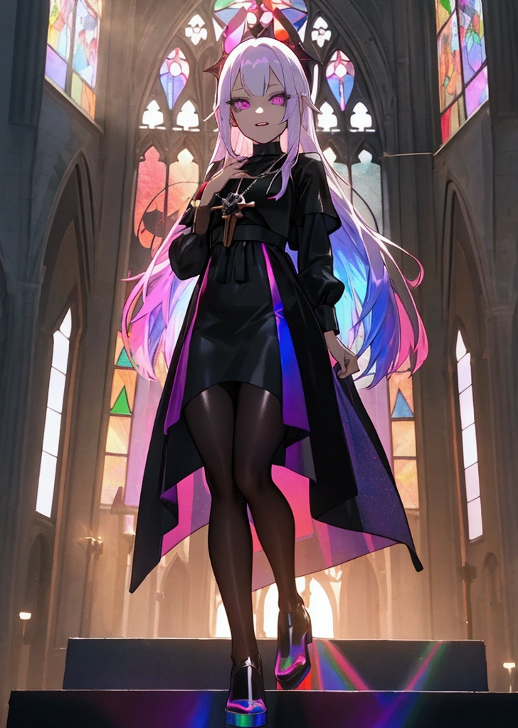 The background is a sunset sunset 、 medieval cityscape with basket、Inside the kaleidoscope、 stained glass background 、Legendary Scenery 、 mythical scenery unfolds、The cathedral shines brightly、red and green contrast 、Path of Light、((  Holographic  )), （I can see the fangs、Double teeth、 wore black tights 、Saint&#39;s Clothes、Monastic Clothes ( transparent PVC clothing , transparent colored vinyl clothing , : 1.2。prism, Holographic , Color Difference, fashion illustration), （Mean face、 red eyeliner that makes a striking impression、  cold eyes 、  has long eyelashes） Purple Eyes,  long hair,  Holographic ブロンドヘア, Refined and elegant ,  3d rendering,, Looking at the Audience , pixib,movie lighting,  very detailed,  clear focus