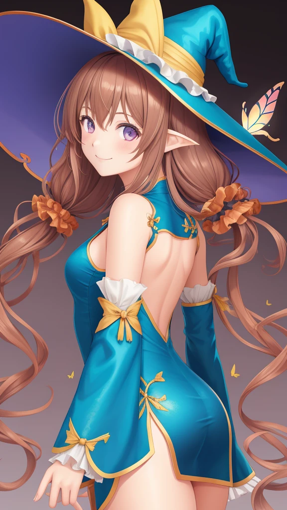 ((best quality)), one pretty girl with wings with elf ear standing with magic pet mushroom whole head to foot dress in pretty magic short dress with power nature in these hands long hair brunette breasts decoleter with sexy pantyhose with magic cute heel shoe