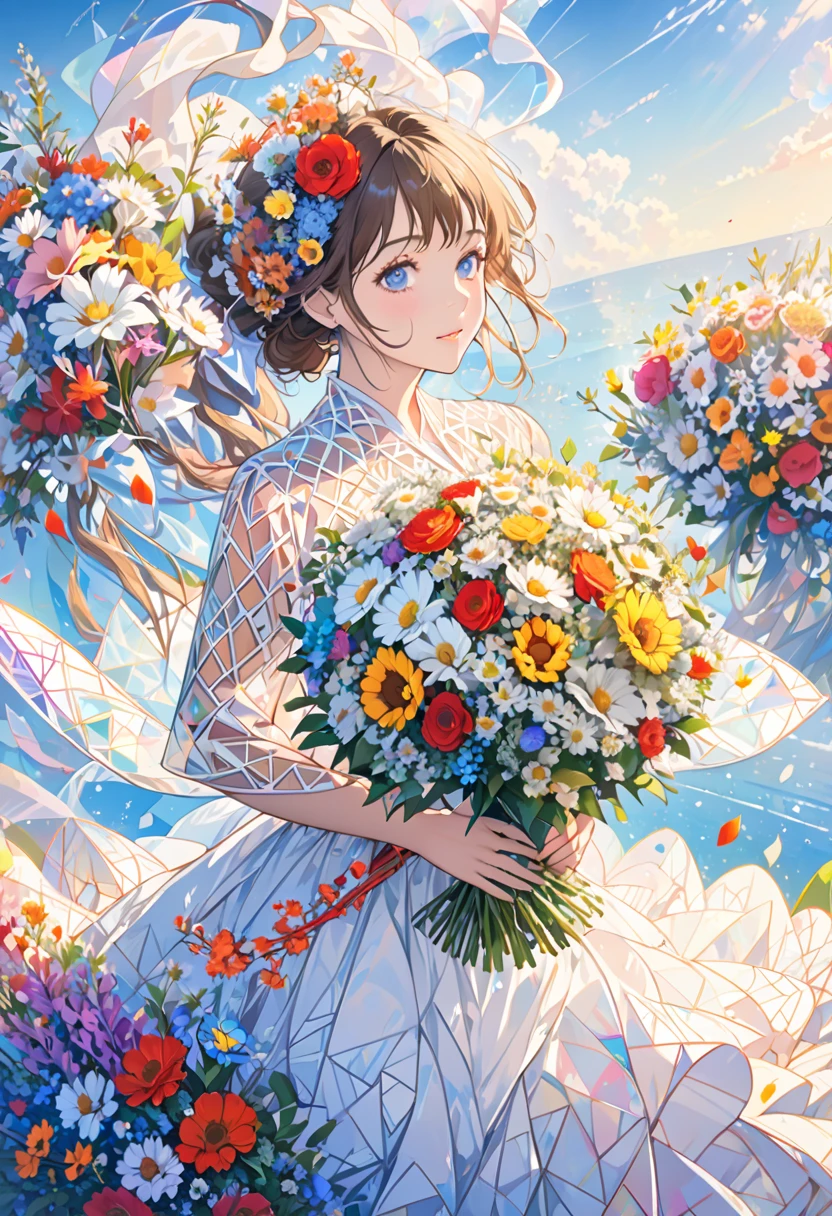 (ultra- detailed background,  detailed background),   disorganized  ,  high definition ,  super detailed,  very detailed,  1 girl, (bouquet:1.3), ([    "Intertwined:1.2), (Geometric:1.2),( colorful ),Beautiful nudes floating in the sky、whole body、