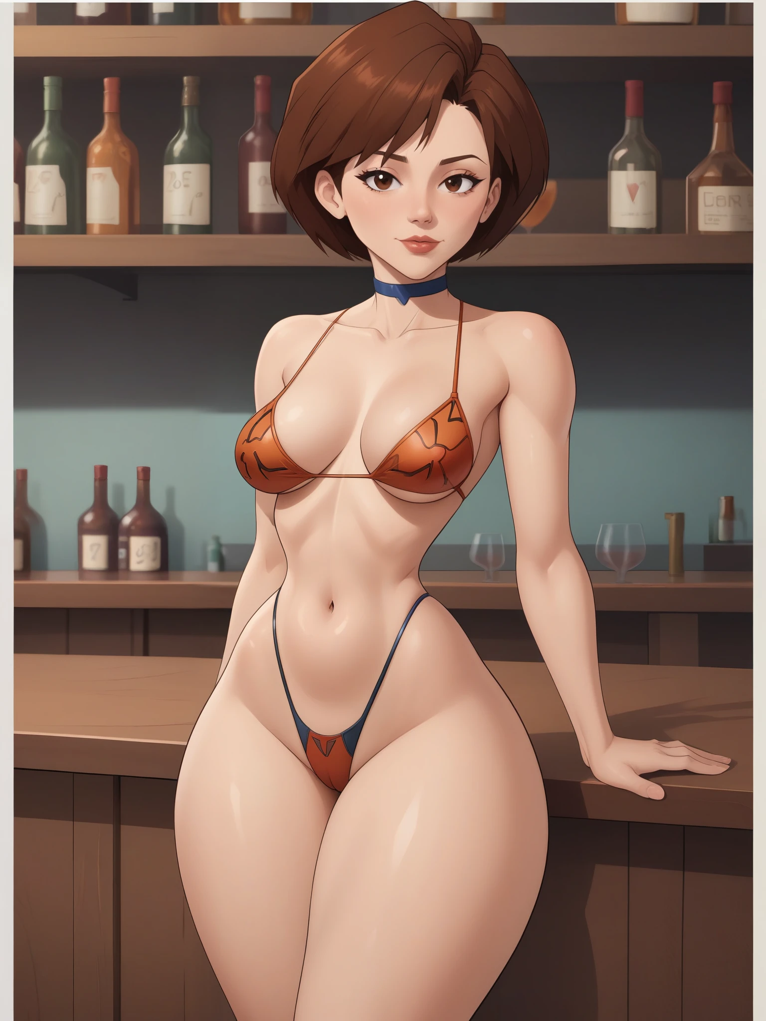 Helen Parr. choker. narrow waist. small saggy breasts. huge hips. brown hair. brown eyes. one-piece evangelion suit. bar. 