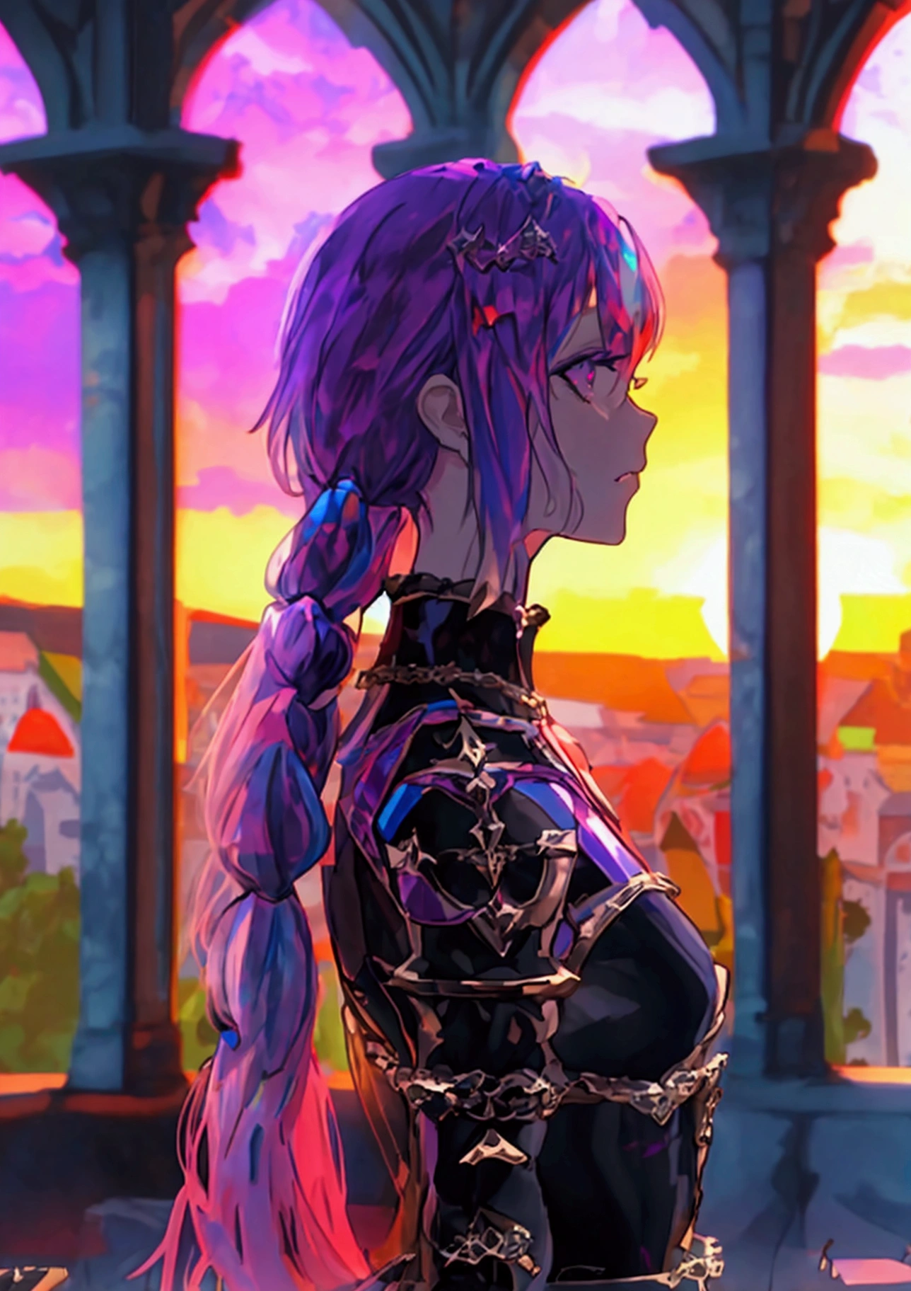 The background is a sunset sunset 、 medieval cityscape with basket、Inside the kaleidoscope、 stained glass background 、Legendary Scenery 、 mythical scenery unfolds、The cathedral shines brightly、red and green contrast 、Path of Light、((  Holographic  )), （I can see the fangs、Double teeth、 wore black tights 、Saint&#39;s Clothes、Monastic Clothes ( transparent PVC clothing , transparent colored vinyl clothing , : 1.2。prism, Holographic , Color Difference, fashion illustration), （Mean face、 red eyeliner that makes a striking impression、  cold eyes 、  has long eyelashes） Purple Eyes,  long hair,  Holographic ブロンドヘア, Refined and elegant ,  3d rendering,, Looking at the Audience , pixib,movie lighting,  very detailed,  clear focus