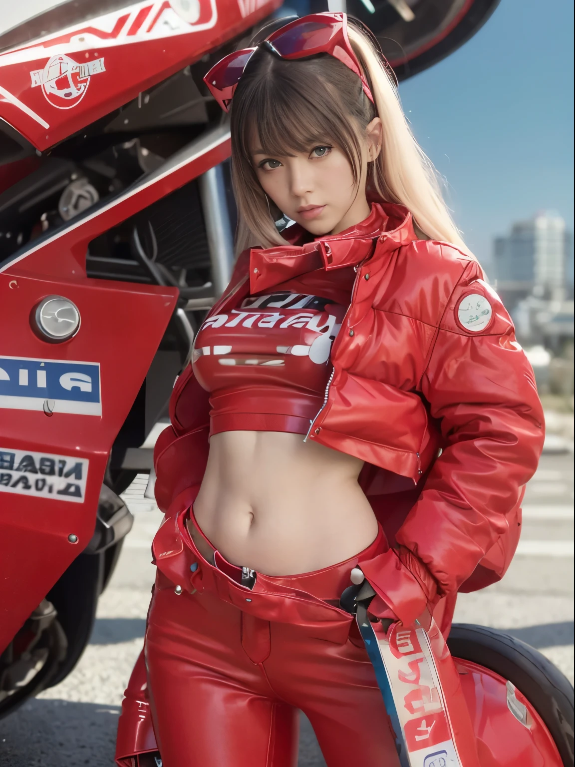 Official Art, highest quality, masterpiece, 超A high resolution, (Photorealistic:1.4), Raw photo, ((Ultra-Realistic Details)), Portrait, Global Illumination, Shadow, Octane Rendering, 8k, Super sharp, Asuka, Eva 02, One Girl, 13 years, Orange Hair, (Long hair blowing in the wind), Detailed facial depiction, Almond-shaped, sky-blue eyes, Long eyelashes, glossy lips, Tsundere and playful expression, (Red low rise leather skirt), (Pure White Cropped T-Shirt:1.4), (Underbust exposure), (Red Down Jacket:1.1), Big breasts and small waist, (1 Akira Bike Red:1.4), cycling, night, cyberpunk city view, Ultra-high definition CG quality,