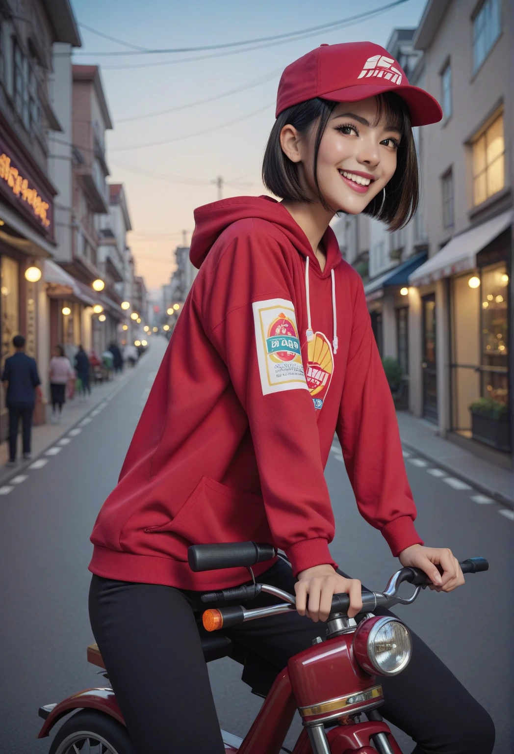 score_8, A young woman with bright brown bob-cut hair, wearing a red uniform and matching cap, rides a red delivery scooter on a twilight city street. She has sharp eyes and a confident smile. The scooter has a pizza delivery box attached at the back. The street is lined with warm-lit cafés and small shops, illuminated by glowing streetlights. The sky is transitioning from orange to purple, creating a cozy and vibrant evening atmosphere