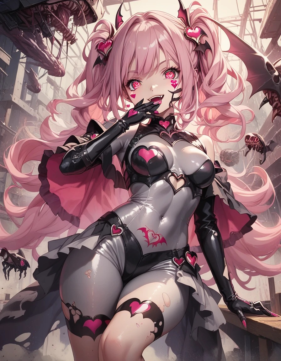 Evil magical girl. (Heart tattoo on face) (Heart tattoo on lower abdomen) . Sparkly. Sequin-like bodysuits. Black and gray outfit. Breasts perky. Bat hair ornament. Sharp-edged accessories. A costume with a fang motif. Provocative smile. Put hand over mouth. Horror eyes. Black armor gloves. Pink sharp nails. Thighs. Battle ship Monster in background. Abandoned factory. Dystopia.