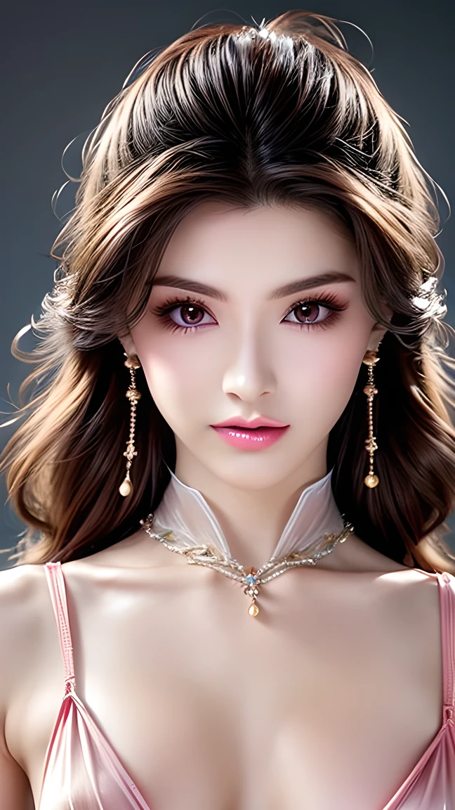  beautiful women、 Straight Hair 、((  brown hair  :1.2))、  Upper Body Closeup 、( Like fluttering hair :1.2)、 Long eyelashes、 big eyes、beautiful eye makeup 、 beautiful shiny skin  、  lovely smile with blush 、  furry fur dress、goddess style 、(( small and erect breasts:1.6))、 gorgeous gemstone necklace 、  with a simple background、 coquettish pose