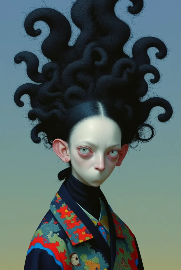  crazy image of a woman with a bunch of hair,  William Stott style conceptual art , tumblr,  pop surrealism, Works by Mei Yixiong, spaghetti hair, Hair like dark clouds, Junji is 4k, swirling black hair,  pop surrealism lowbrow art style, Moody ::  Studio Ghibli , Her hair is tied to the top of her head 
