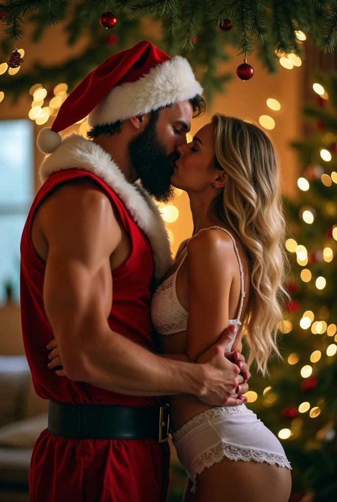 mtk2023, 2 people kiss under mistletoe, mistletoe hanging from ceiling, glowing green eyes, 8k, uhd, best best quality, trending on arstation, photorealistic, masterpiece, raw image, skin pores, detailed skin, festive, 5 fingers, wide angle shot, full body, Santa hats, sci-fi, muscular, spawn2023, cape,