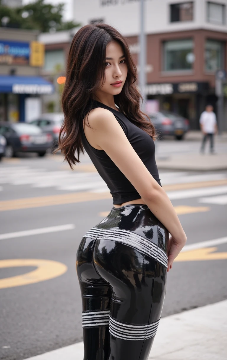 Physically Based Rendering, (1 female child:1), female, (beautiful:1.2), street, Sexy muscular body, Slim waist, (Vest line,Muscular hands:1.2),(Big ass body:1.3), permanent, Tight black pants, Dressed in America,Wearing a police hat,