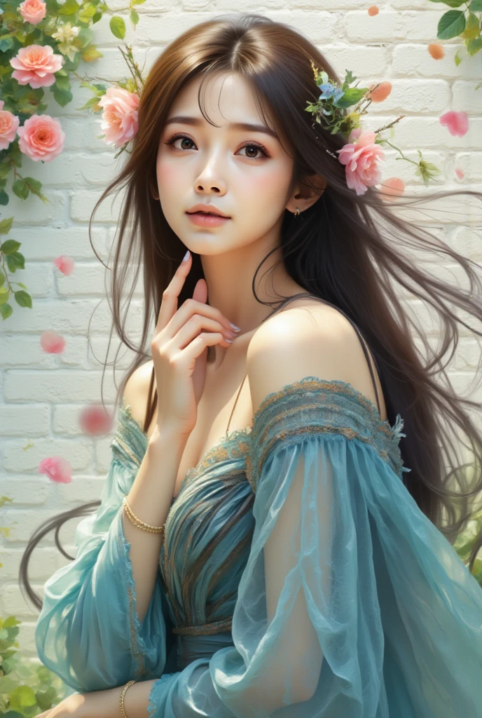 spirit ofthe wind, In the style of Frances MacDonald McNair, a young asian woman with long, slightly wavy dark brown hair and vivid eyes, wearing a loose-fitting, striped blue and black long-sleeve top, revealing a delicate lace trim at the neckline. She stands in front of a white brick wall with blooming pastel pink roses and lush green foliage in the background. Her pose is gentle and introspective, with her left hand raised to her lips, her expression a mix of curiosity and shyness, evoking a soft and delicate atmosphere