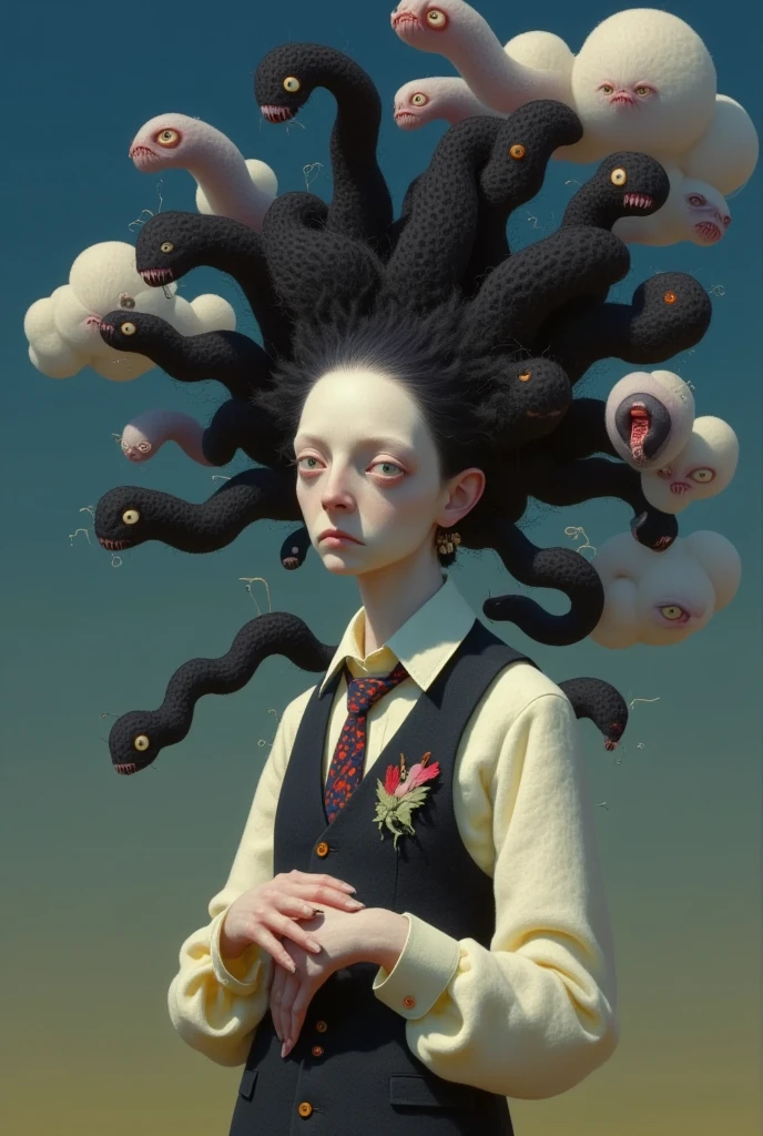  crazy image of a woman with a bunch of hair,  William Stott style conceptual art , tumblr,  pop surrealism, Works by Mei Yixiong, spaghetti hair, Hair like dark clouds, Junji is 4k, swirling black hair,  pop surrealism lowbrow art style, Moody ::  Studio Ghibli , Her hair was tied to clouds above her head
