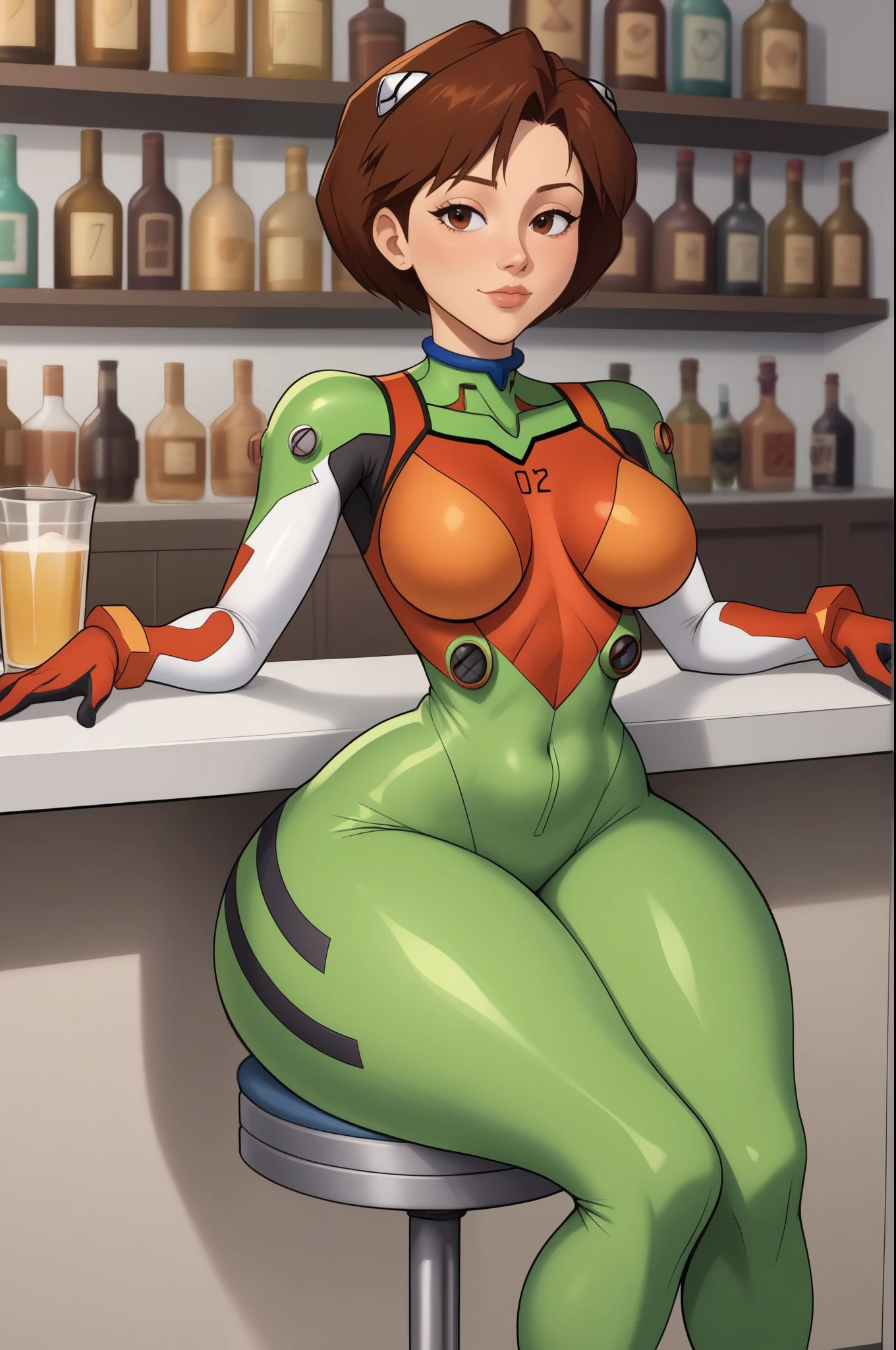 Helen Parr. choker. narrow waist. small saggy breasts. huge hips. brown hair. brown eyes. one-piece evangelion suit. bar. sitting