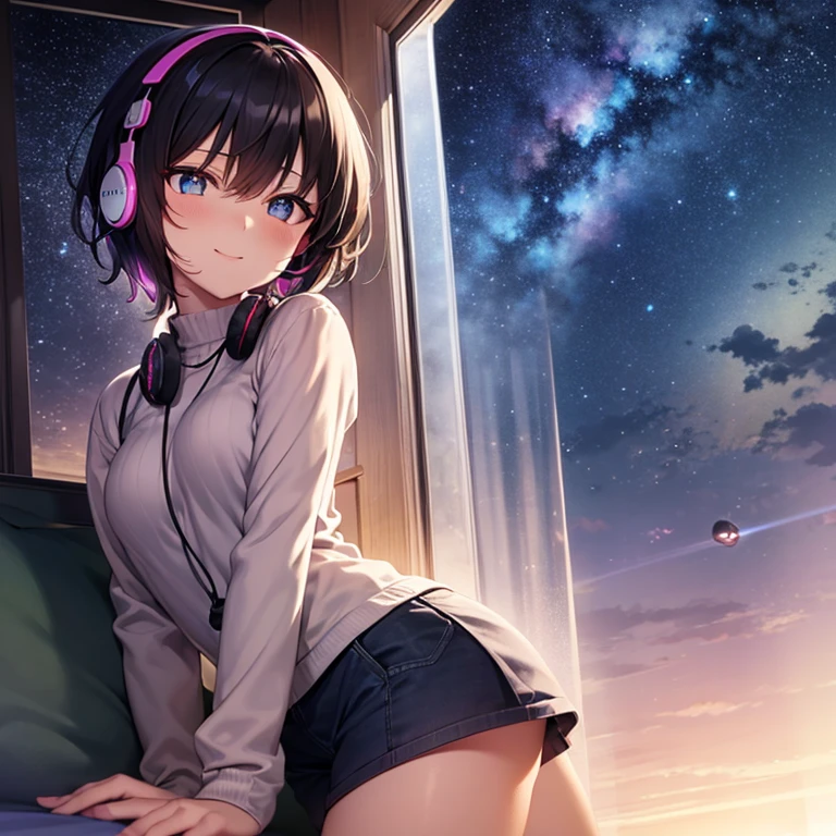 indoor,  Sit by the extra-large window, eyes closed, Put on your headphones, Look at the stars, Night Travel, Beautiful starry sky, a beautiful lady with, bob cut,Bangs, Ultra high definition full body portrait, (high quality) (Super detailed) ; different, rich and colorful, 