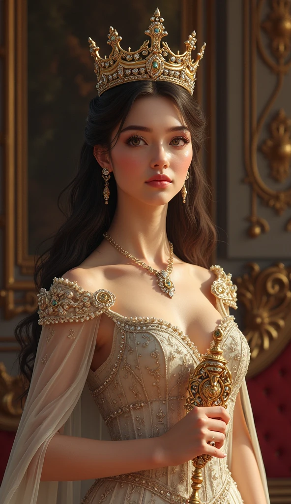 ( Absurd, High quality, ultra-detailed, masterpiece, concept art, smooth, highly detailed artwork, hyper-realistic painting ) ,Goddess, Greek mythology, Aphrodite, captivating and enchanting, commanding attention wherever she went, breathtakingly beautiful goddess with flawless features, skin was described as radiant and fair, often compared to the softness of freshly bloomed flowers, hair was a prominent aspect of her beauty. It was typically depicted as lustrous and flowing, often cascading in waves or curls down her shoulders and back, eyes were described as enchanting and alluring, drawing others in with their depth and intensity. Aphrodite’s gaze had the power to captivate and inspire love in those who looked upon her, wearing elegant and ethereal garments. She adorned herself with exquisite jewelry, including necklaces, bracelets, and intricate accessories