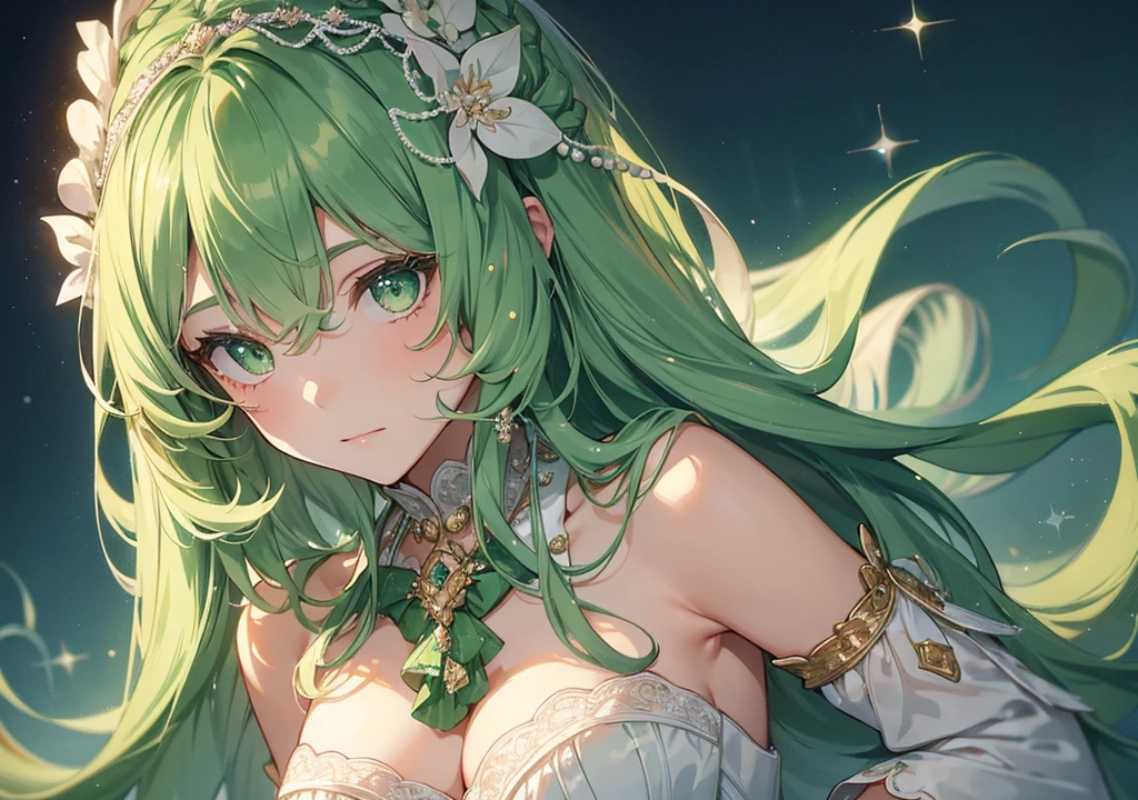 a anime girl in a white wedding dress outdoors of the church holding a bouquet, bouquet, church, extremely detailed, beautiful, symmetrical, masterpiece, best quality, HD, highres, 1girl, solo, green hair, long hair, looking at viewer, small breasts, green eye, wedding dress, outdoors, bridal veil, long dress, white dress, hoop skirt, clover, tongue, tongue out