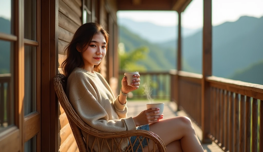 " A young woman sits on a wicker chair on the porch of a wooden house ...