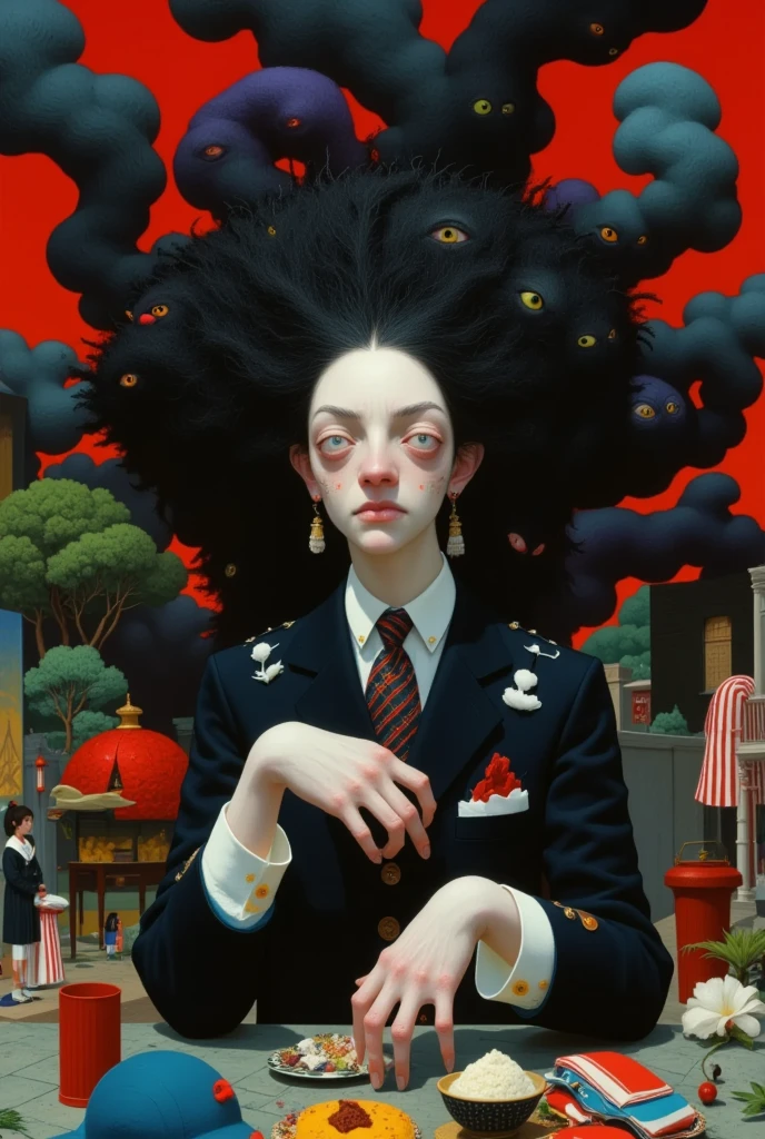 Crazy footage of a woman with a bunch of hair, Works by Mei Yixiong, Inspired by William Stout , spaghetti hair, Hair like dark clouds, author： Koide  , author：Nobutada Yanagawa, Junji is 4k, swirling black hair,  pop surrealist art style, Moody ::  Studio Ghibli 