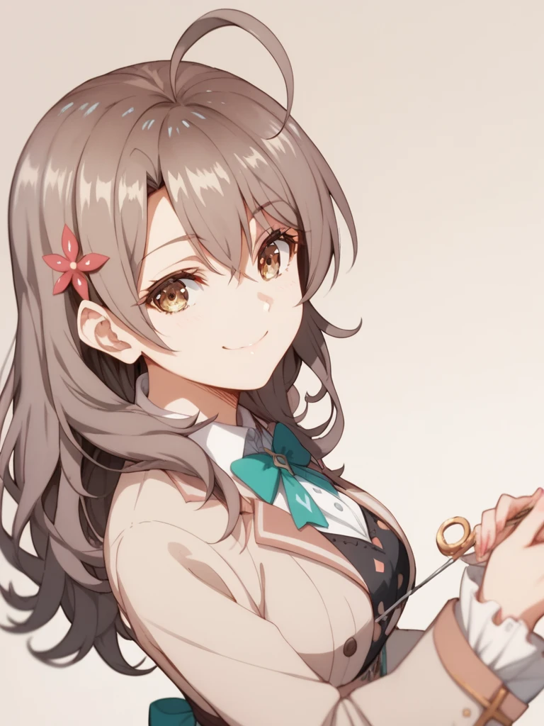 maria mikhailovna kujou, long hair,  black hair, hair ornament, hair between eyes, brown eyes, ahoge, smile