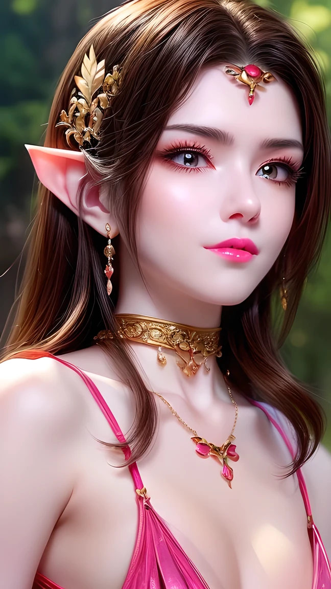 photo of mlp Meowko, RAW, beautiful woman, ((portrait)), ((detailed face:1.2)), ((anime face, anime facial feature, beautiful anime mouth, clear skin, clear skin, elvish ears), (short messy lesbian haircut, one shaved side, brunette: 1.55),  (perfect proportioned body, Strong, muscular, narrow waist, narrow hips, skinny, large breasts), ((she wears a detailed pink one shoulder princess dress like princess Zelda, Gold Collar,Red Gemstone Necklace,Gold earrings,Gold Bracelet, detailed background, elvish garden, pavilion, elf city, (realistic photo, best quality, detailed), (8k wallpaper), (cinematic lighting, beautiful light, (day:1.3)) (sharp focus, intricate)
