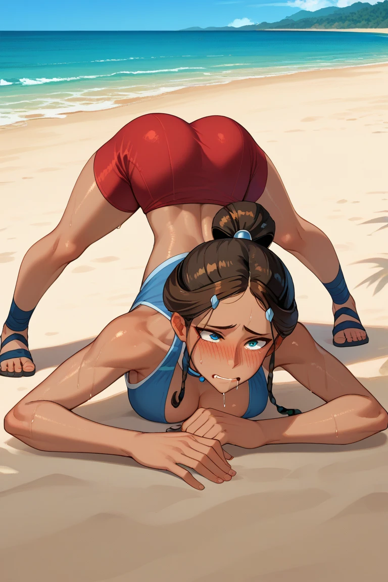 score_9,score_8_up,score_7_up, katara \(ATLA\), 1girl, blushing, embarrassed, soaked, beach, on hands and knees, drooling, surrounded, jack'o challenge, cleavage, distracted