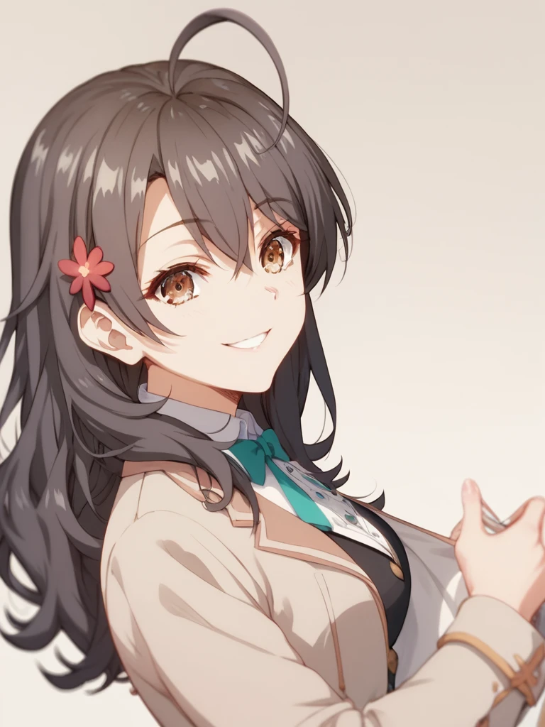 maria mikhailovna kujou, long hair,  black hair, hair ornament, hair between eyes, brown eyes, ahoge, smile