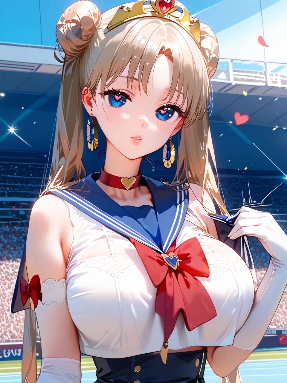          best quality,          best quality,       High Quality Pictures         ,       Masterpiece   ,           super high resolution   ,          detailed background ,          absurd,        I can have my chest touched by Perfect Anatomy     ,          performance   ,   good lighting  ,     Photo Gallery      ,      、aausagi, long hair, double bun, twintails, parted bangs, tiara, earrings, blue eyes, red choker, blue sailor collar, red bow, white shirt, elbow gloves, white gloves, blue skirt汗ばんだ体、Moving lines、   orgasms、Estrus season、 Big Breasts、  double piece、 Heart Eyes、