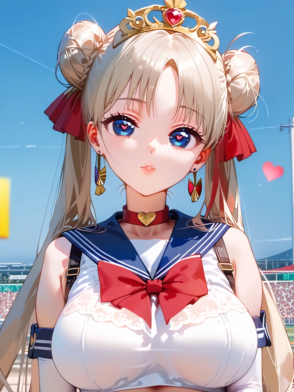          best quality,          best quality,       High Quality Pictures         ,       Masterpiece   ,           super high resolution   ,          detailed background ,          absurd,        I can have my chest touched by Perfect Anatomy     ,          performance   ,   good lighting  ,     Photo Gallery      ,      、aausagi, long hair, double bun, twintails, parted bangs, tiara, earrings, blue eyes, red choker, blue sailor collar, red bow, white shirt, elbow gloves, white gloves, blue skirt汗ばんだ体、Moving lines、   orgasms、Estrus season、 Big Breasts、  double piece、 Heart Eyes、