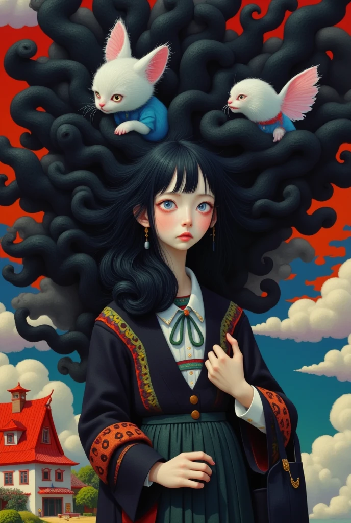 Crazy footage of a woman with a bunch of hair, Works by Mei Yixiong, Inspired by William Stout , spaghetti hair, Hair like dark clouds, author： Koide  , author：Nobutada Yanagawa, Junji is 4k, swirling black hair,  pop surrealist art style, Moody ::  Studio Ghibli 