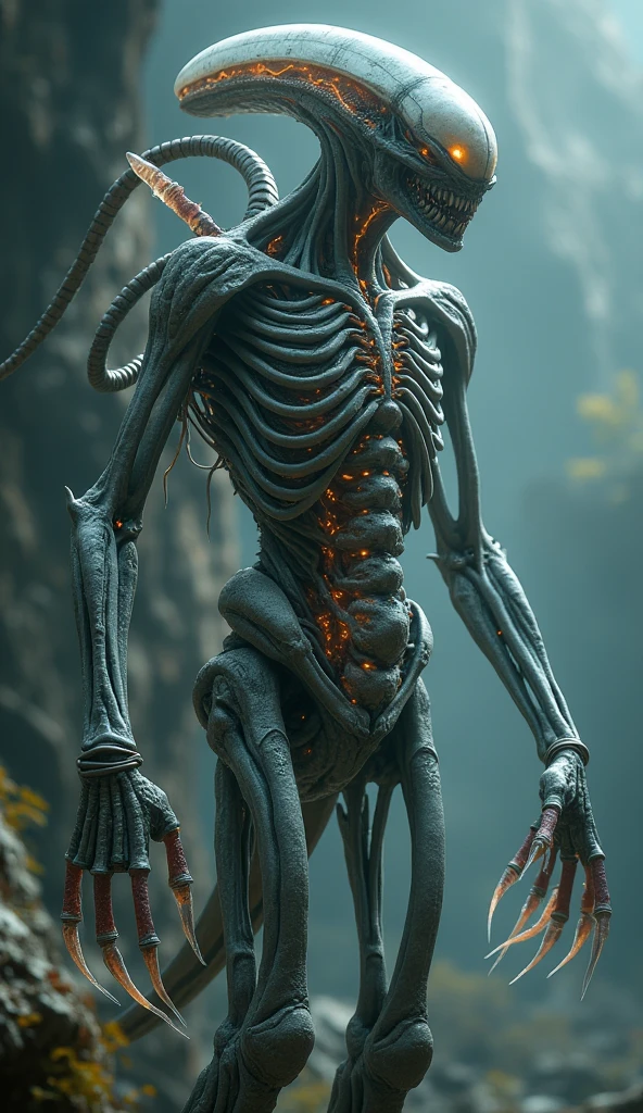  ((best quality)), ((masterpiece)), (detailed), an alien creature, (hr giger inspired), (velociraptor form), pale, milk-white skin, translucent skin, smooth skin texture like a dolphin, no hair, (head like a porpoise), round head, (bulbous head), (xenomorph head), (atrophied eye sockets), (smooth face), (bright prominent gums), (a long tongue like an elephant trunk coming out of the mouth with a squid-like beak at the tip), (protrusions along a skeletal ridged back), (breathing holes on the chest), elongated limbs, a tail that splits into three tentacles, (tentacles with spikes instead of suckers), (walking on long skinny arms), where the legs would be is another set of arms that are used for grabbing, H R Giger, Clive Barker's The Thing, xenomorph, predator, Engineer, dinosaur, sci fi horror, cosmic horror 