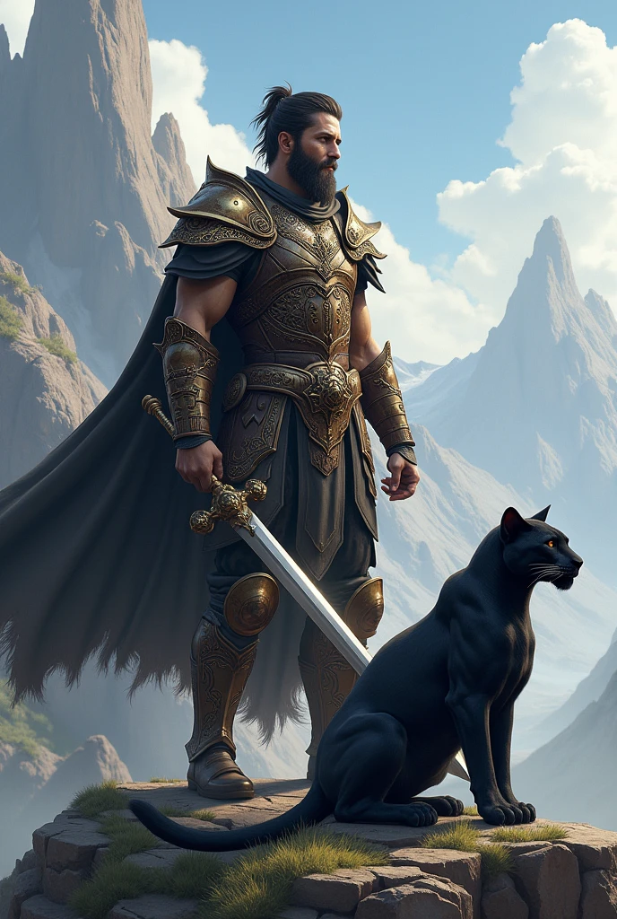A half-human, half-mythical being, medium-sized, muscular, armed with two poisoned daggers, with a shield on his back being used as a cape, a mythological animal as a pet, seeing a castle in the distance