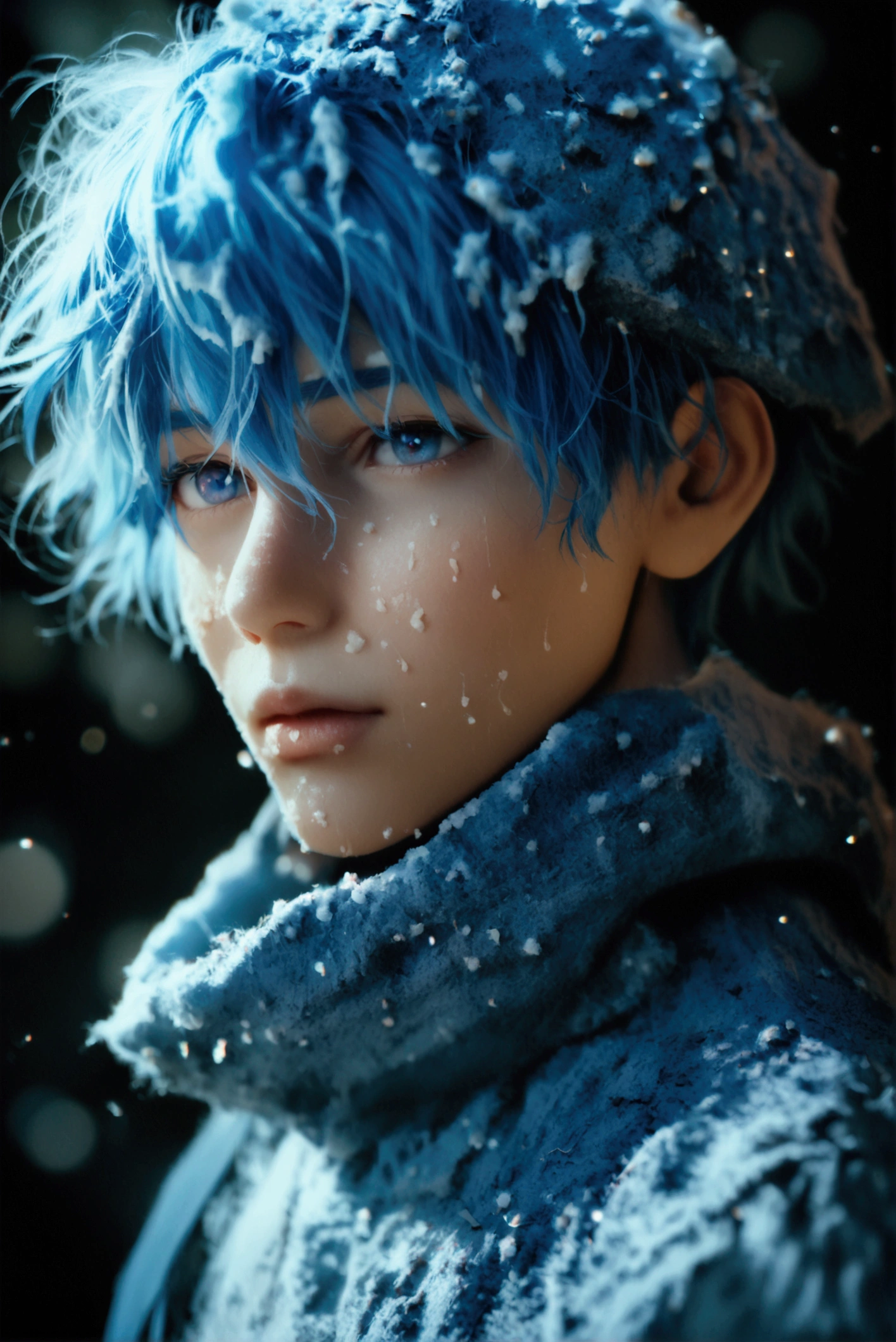A boy with light blue, spiky hair and yellow eyes is kneeling crying in a snowy forest