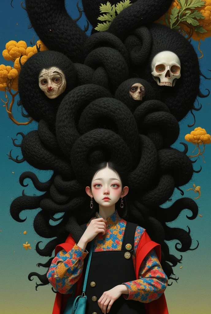  crazy image of a woman with a bunch of hair, Works by Mei Yixiong, Inspired by William Stout , spaghetti hair, Hair like dark clouds, author： Koide  , author：Nobutada Yanagawa, Junji is 4k, swirling black hair,  pop surrealist art style, Moody ::  Studio Ghibli 