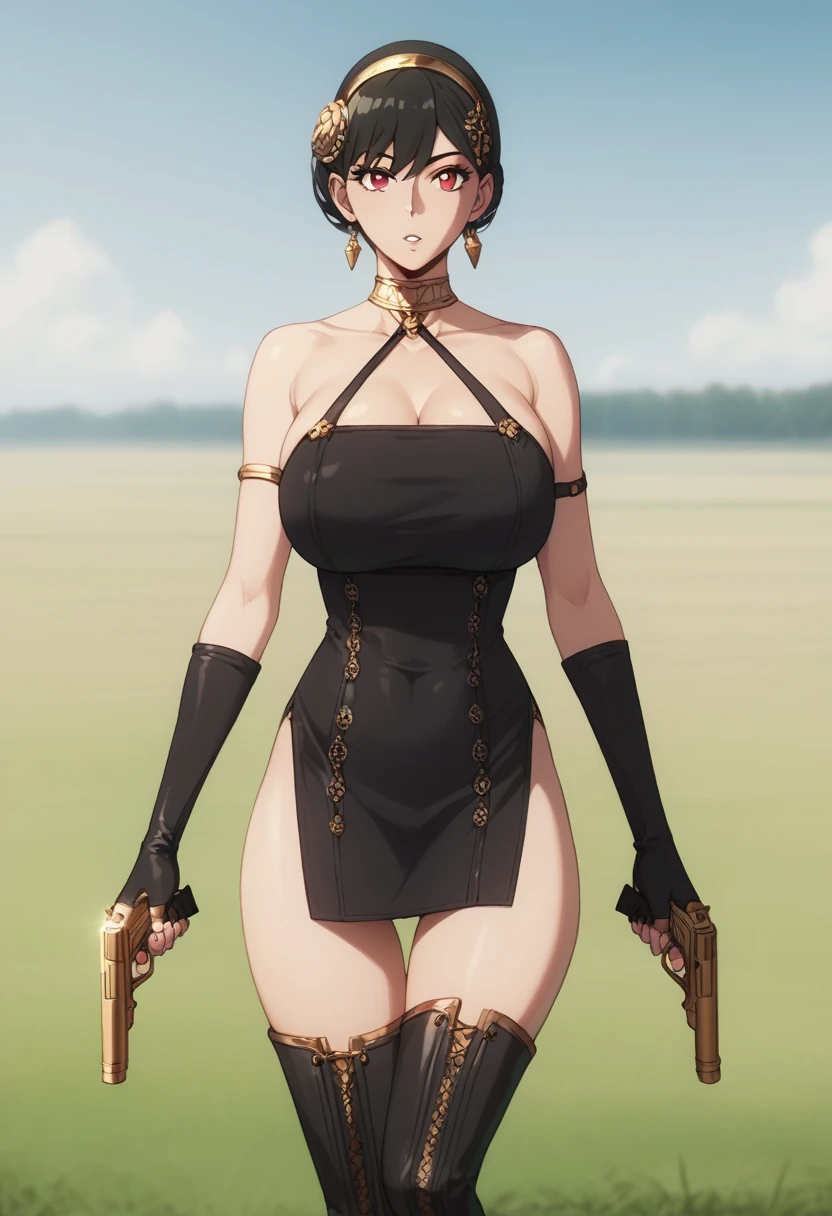 masterpiece, best quality, highres, aayorf, sidelocks, gold hairband, hair ornament, red eyes, gold earring, large breasts, choker, bare shoulders, black dress, two-sided dress, fingerless gloves, thigh boots, cowboy shot, standing, field, froont view, ,big breast, perfect body, front view, hadn holding pistol