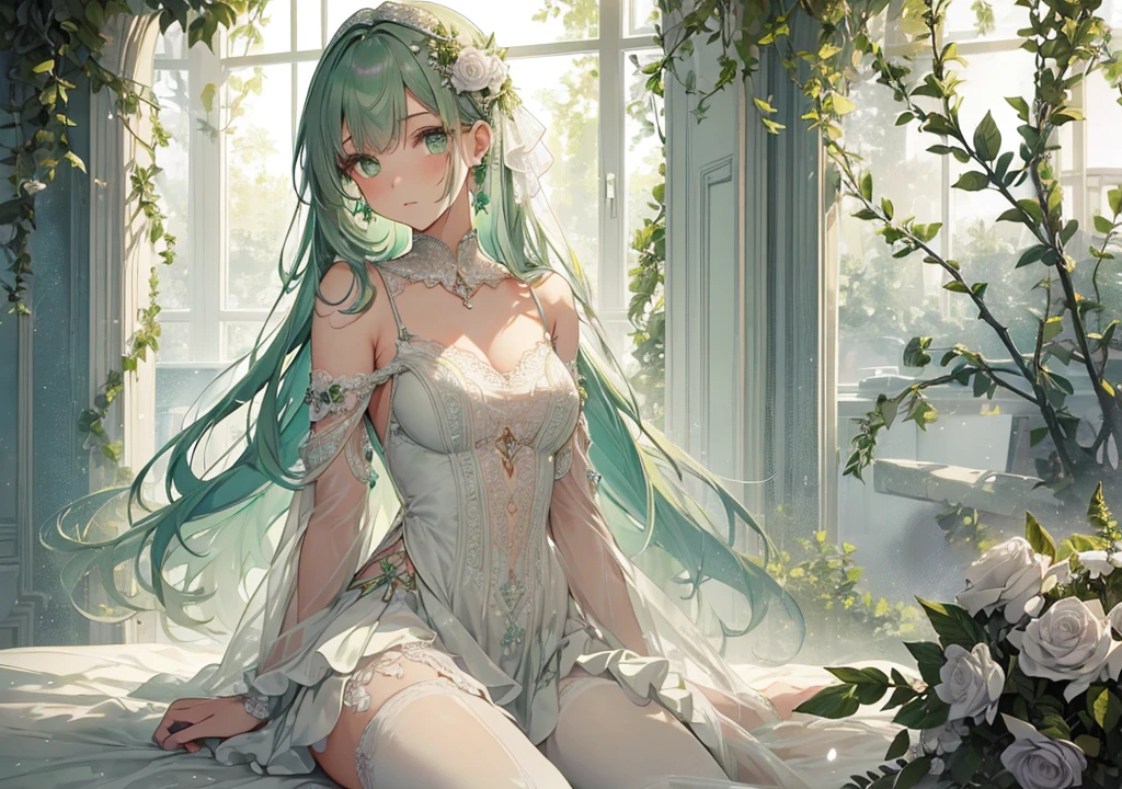 Mobius_(honkai impact 3d), white roses, ornament hair, white roses on her hair, succubus, a snake girl, perfectly body, perfectly hands, wave hair, light green hair, long hair, seat on a sofa in the garden, garden scenery, gold lantern, white dress, more details on her clothes, golden details, night, smiling, coat, ((4k, masterpiece, top-quality)),8k, best quality, high resolution, HD, (illustration:0.8), super cute girl, delicate and beautiful face, 1girl, solo, mature girl, super cute hairstyle, (beautiful detailed eyes:1.6), extremely detailed face, perfect lighting, extremely detailed CG, (perfect hands, perfect anatomy), super complex details, intricate details, Best quality, cleavage, clothes lift, skirt, lying, full Body, perfect body ,sitting, armpit