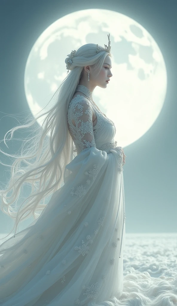 (( Elf girl with long white hair, blue eyes, good shape, long white dress, cape, ice crown, ice earrings )), (( Riding on the back of a large thick white-haired wolf Fierce, scary, majestic. )), full body image, Look at the camera., Front camera angle: Wild, Cold Weather, snow, snowfall, Snow droplets, Snow in the air, cinematic scene, Magic, Snow Magic, fantasy, mythology, decoration, diffused lighting, moon light, moon, (Ice magic on hand ), ( Release the ice from your hands. ), ( Ice aura around you ), ( Ice effect on the body ), nsfw