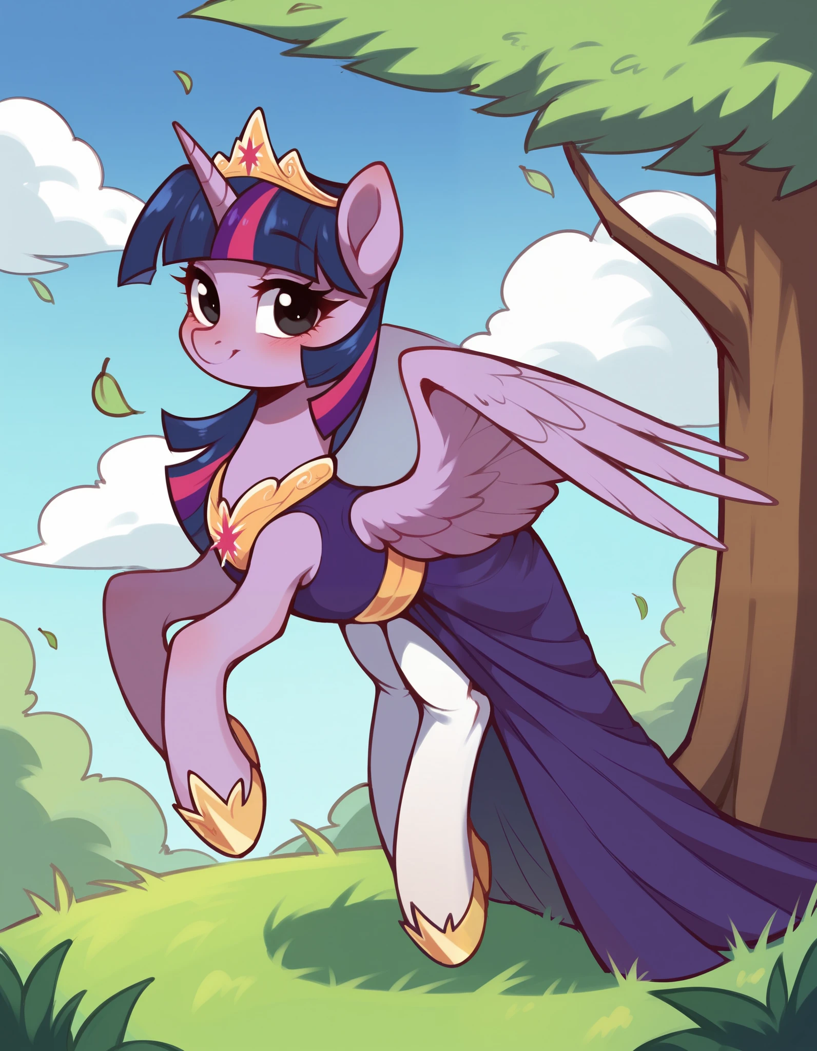 score_9, score_8_up, score_7_up,   solo, 1girl, solo,
stkyswt, flat color, sketch, black eyes, twilight princess, pony, looking at viewer, blush, light smile, unicorn horn, pegasus wings, princess dress, purple dress, white pantyhose, gold footwear, hooves, tiara, cloud, sky, grass, tree, falling leaves,