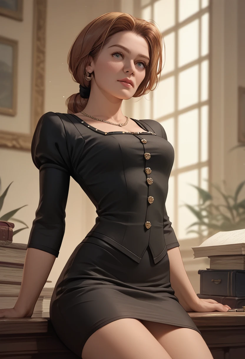 ( The best quality ) ( perfect face),  masterpiece, (fiona) wearing a sexy secretary outfit, short skirt, black blouse , pechos grandes, 