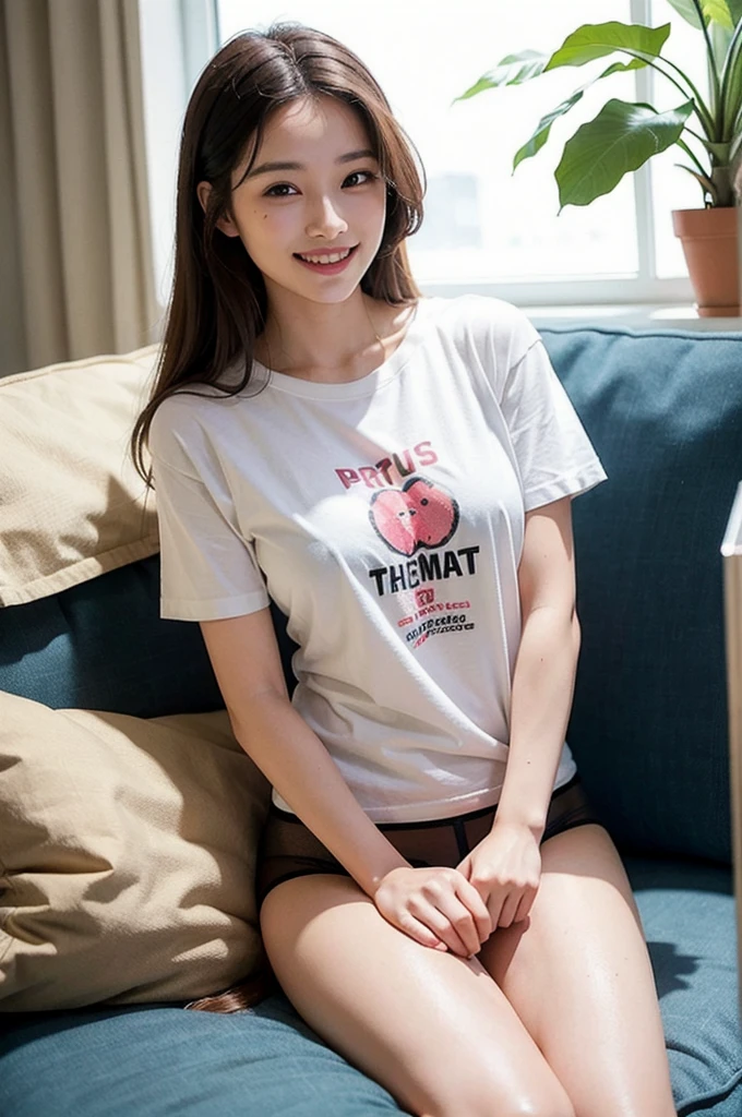 Kpop idol girl 18 years old very beautiful slanted eyes perfect face smiling she is dressed in white nurse shirt, fine, wet and transparent with mini denim shorts in a hospital long red and wavy hair