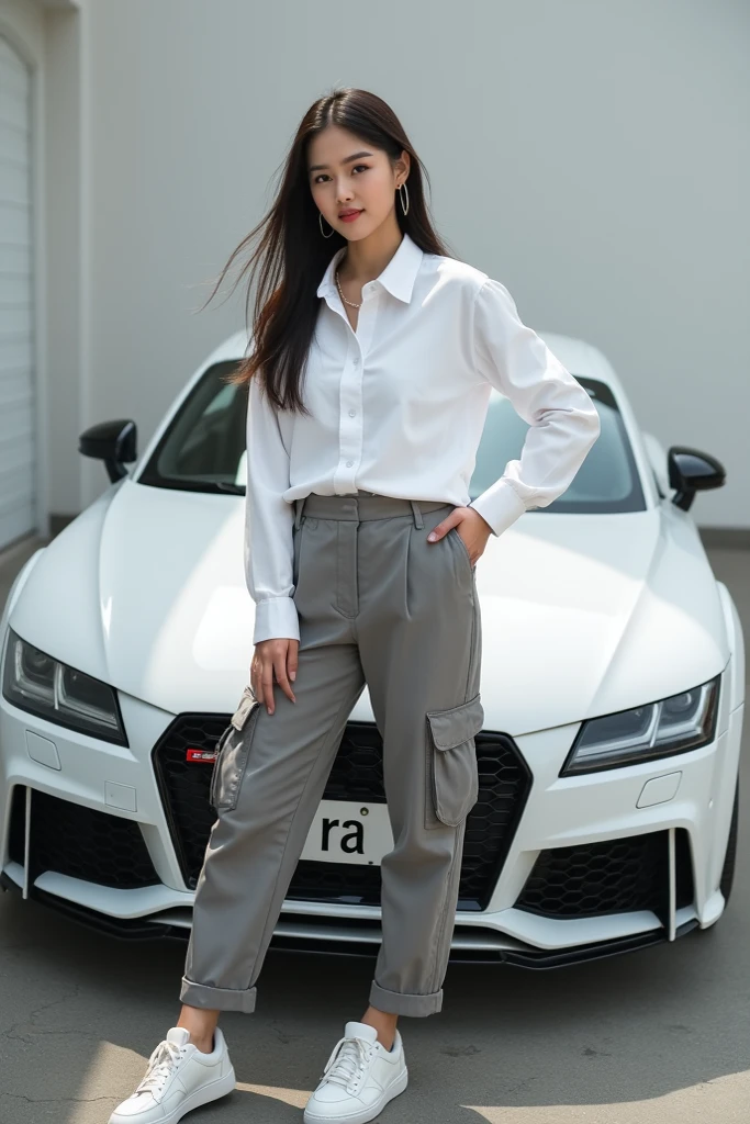 Modified cars,Asian girl standing next to her
