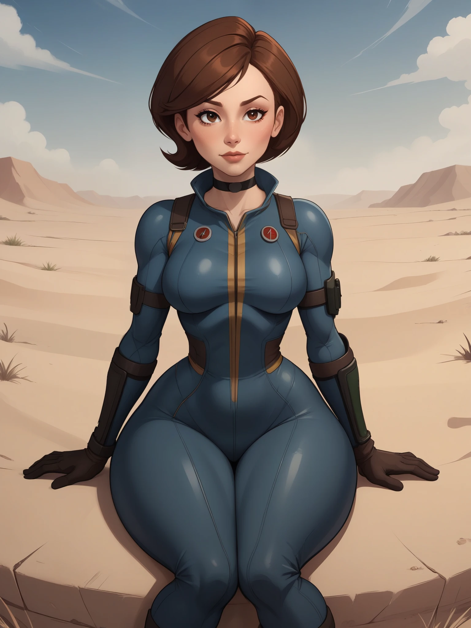 Helen Parr. choker. narrow waist. small saggy breasts. huge hips. brown hair. brown eyes. fallout suit. desert. sitting