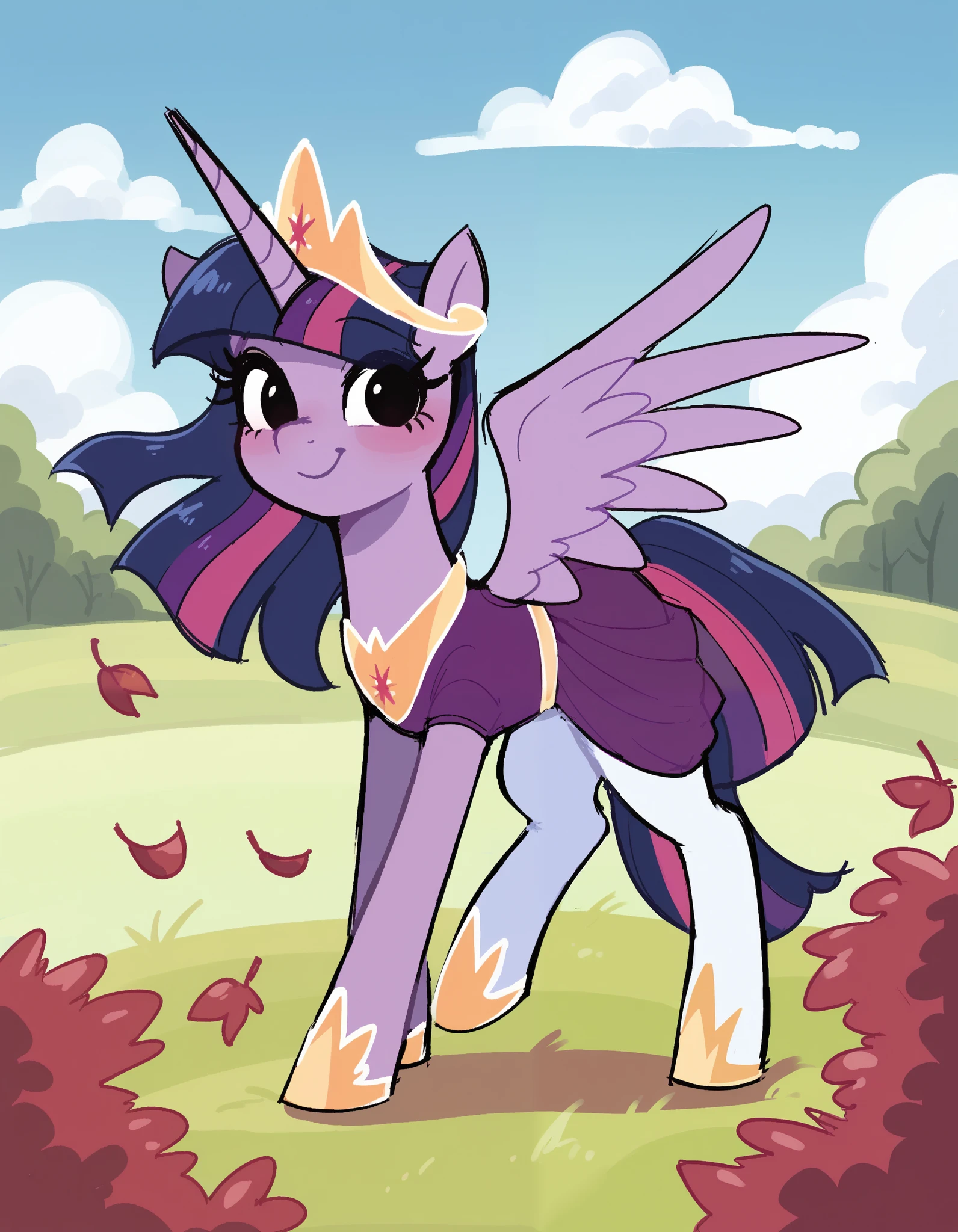 score_9, score_8_up, score_7_up, solo, 1girl, solo,
stkyswt, flat color, sketch, black eyes, twilight princess, pony, looking at viewer, blush, light smile, unicorn horn, pegasus wings, princess dress, purple dress, white pantyhose, gold footwear, hooves, tiara, cloud, sky, grass, tree, falling leaves,