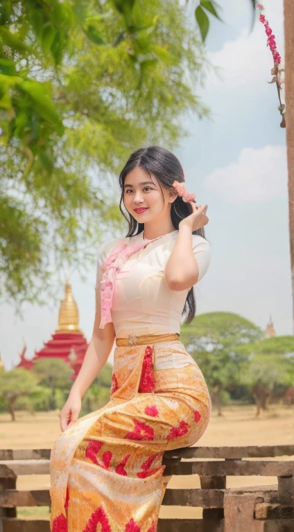 The World Heritage Site of Bagan Pagoda (Ananda Pagoda, Sabtanyu Pagoda, Shwe Sigon Pagoda, Lokananda Pagoda, Dhammaranggyi Pagoda) is in the background. A young woman in her 20s is (A little short) posing in various poses and styles. The best and highest quality photo was taken to enter the award-winning photo contest. Clear and sharp images, the natural scenery of Bagan Pagoda. She is elegant and beautiful. She has high hips and a curvy body. She has a smiling face and bright eyes. She is full of herself. The highest quality HD photo.