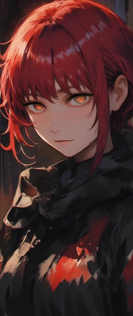 (((makima from chainsaw man))), score_9, score_7, score_8, aesthetic, dark background, shining eyes, red hair,  anime vibes, studio mappa, detailed absurd, accurate, detailed, masterpiece.